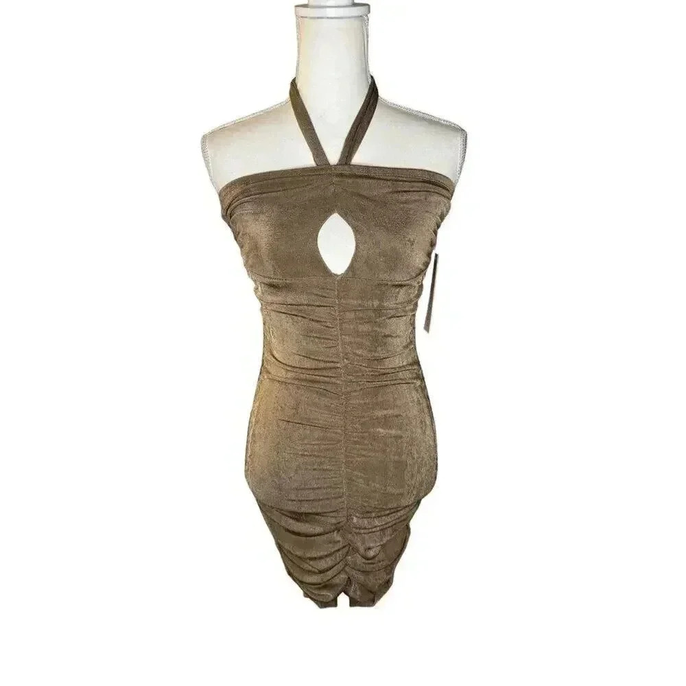 NEW Crave Fame Size Medium Brown Cut Out Ruched Tie Neck Sleeveless Halter Dress